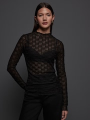 Black Textured Mesh Roll Neck Top - Image 1 of 4