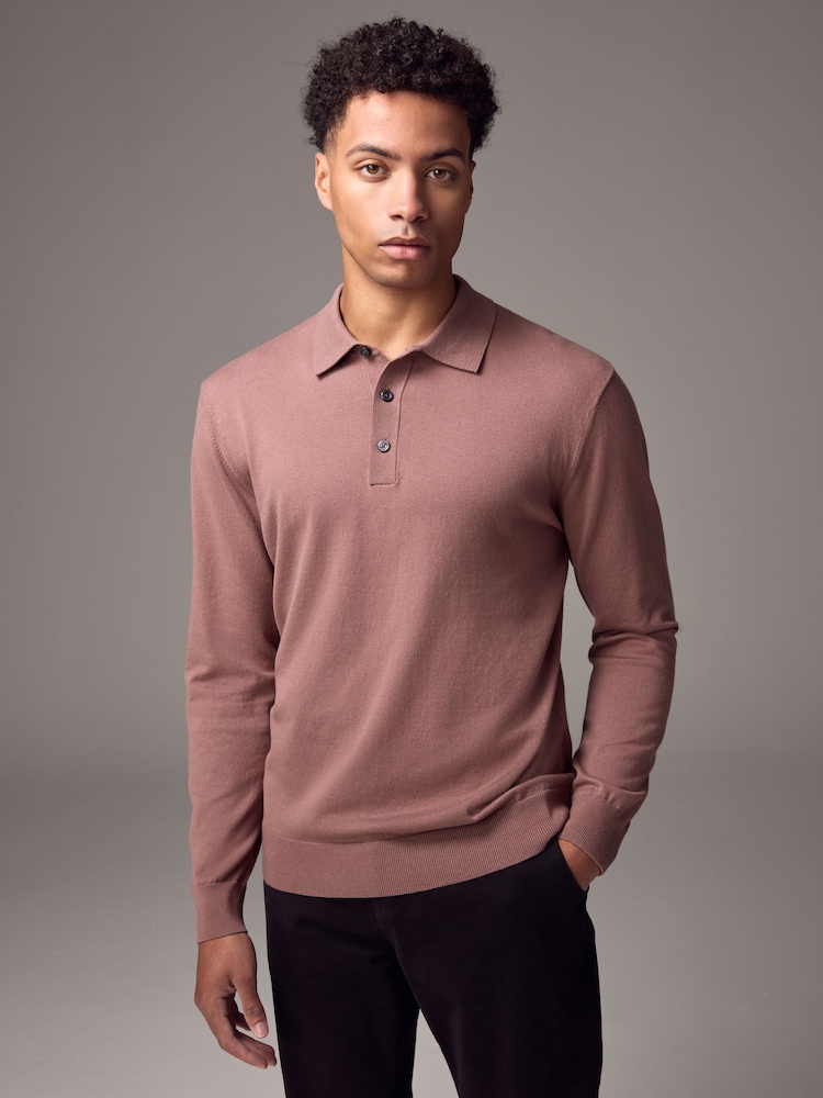 Zartrosa - Langärmeliges Polo-Shirt aus Feinstrick - Bild 1 von 8 Zartrosa - Langärmeliges Polo-Shirt aus Feinstrick - Bild 1 von 8