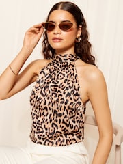 Friends Like These Brown Leopard Animal Satin Printed Tie Neck Halter Vest - Image 1 of 4