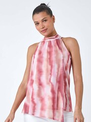 Roman Pink Printed Mesh High Neck Tie Top - Image 1 of 5