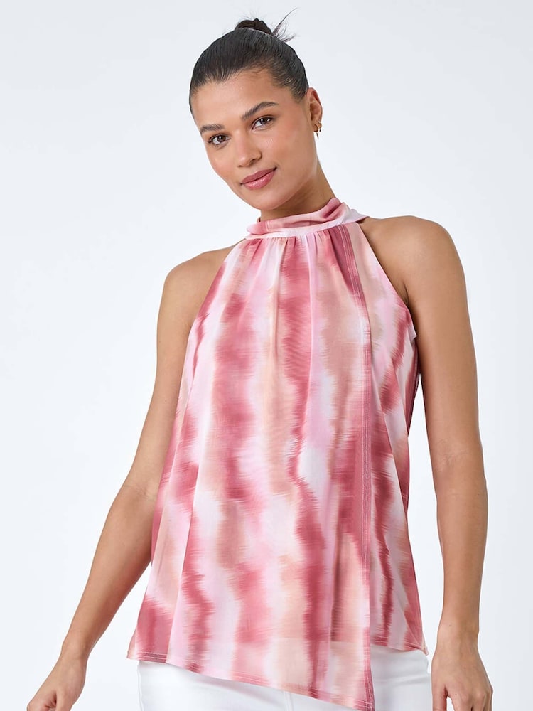 Roman Pink Printed Mesh High Neck Tie Top - Image 1 of 5