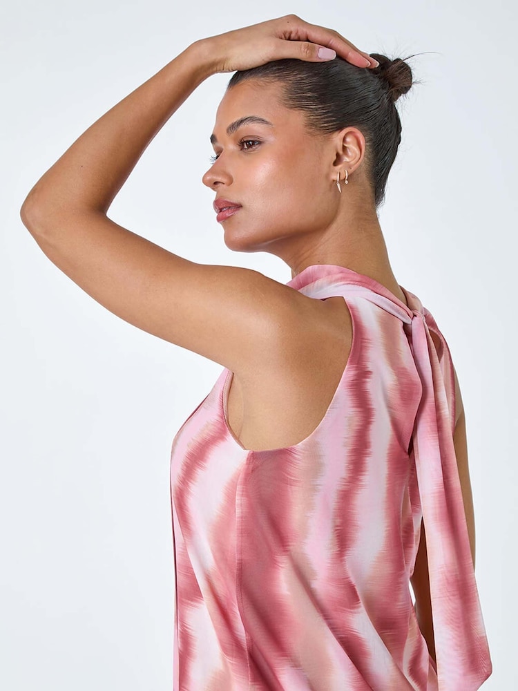 Roman Pink Printed Mesh High Neck Tie Top - Image 2 of 5