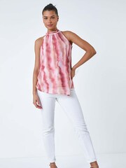 Roman Pink Printed Mesh High Neck Tie Top - Image 3 of 5