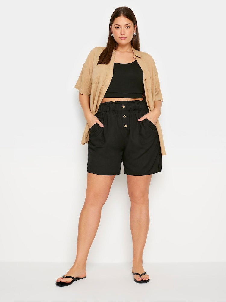 Yours Curve Black Button Front Paperbag Shorts - Image 2 of 5