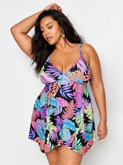 Yours Curve Black Tropical Print Tummy Control Swimdress - Image 2 of 7