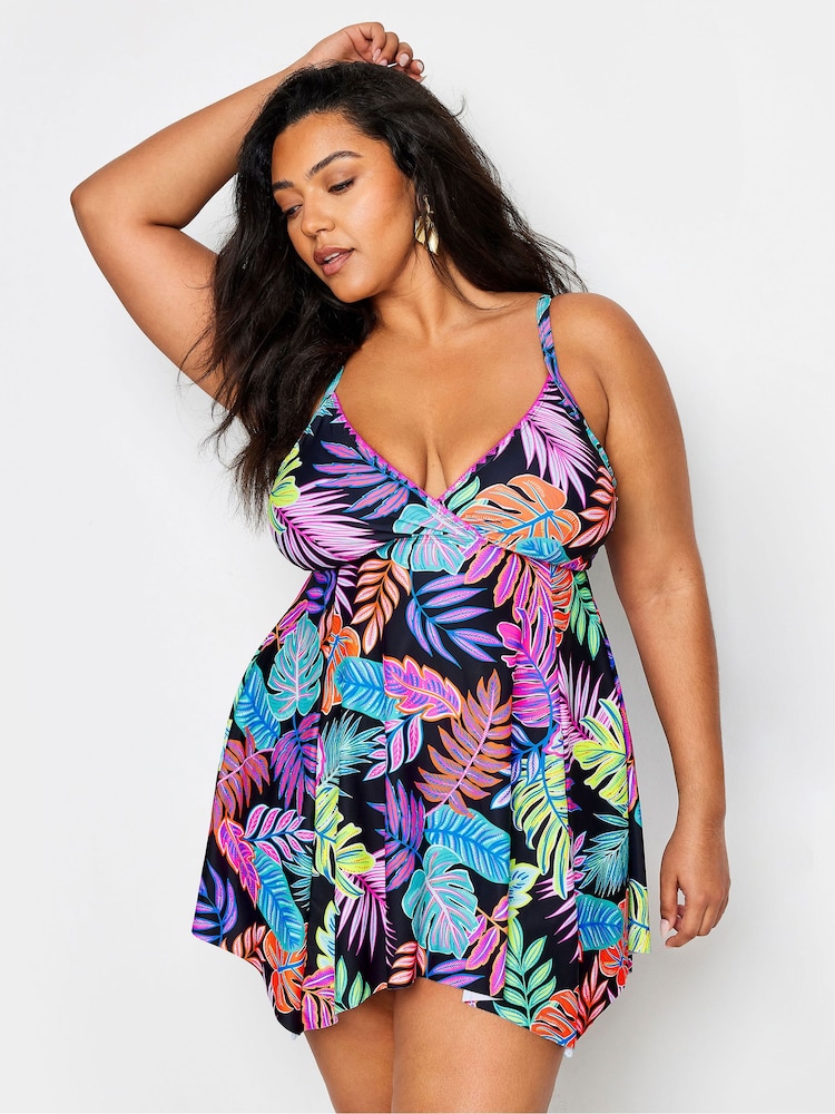 Yours Curve Black Tropical Print Tummy Control Swimdress - Image 2 of 7