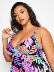 Yours Curve Black Tropical Print Tummy Control Swimdress - Image 5 of 7