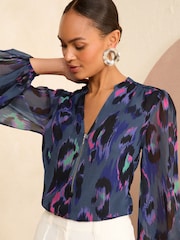 Love & Roses Blue Animal Zip Front Mix Sheer Long Sleeve Blouse - Image 2 of 4