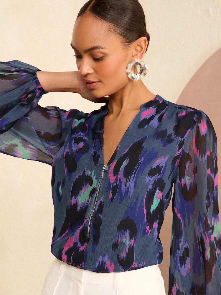 Love & Roses Blue Animal Zip Front Mix Sheer Long Sleeve Blouse - Image 2 of 4