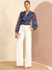 Love & Roses Blue Animal Zip Front Mix Sheer Long Sleeve Blouse - Image 3 of 4