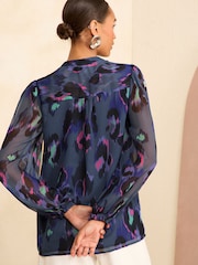 Love & Roses Blue Animal Zip Front Mix Sheer Long Sleeve Blouse - Image 4 of 4