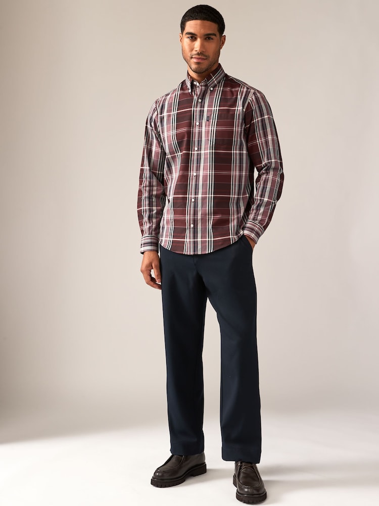 Burgundy Red Madras Check Regular Fit Easy Iron Button Down Oxford Shirt - Image 2 of 8