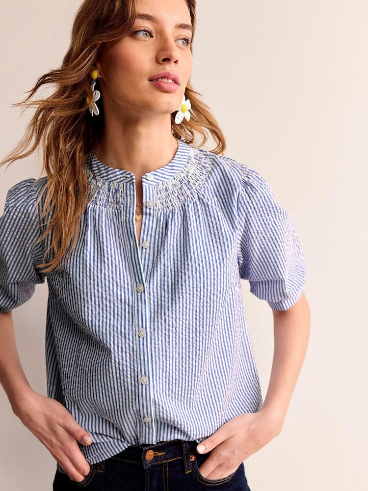Boden Blue Ada Seersucker 100% Cotton Top - Image 2 of 5
