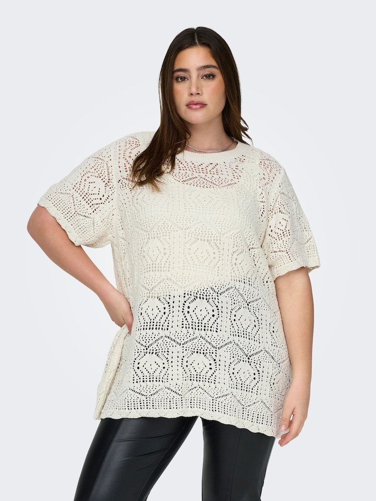 ONLY Curve Cream Crochet Knit Blouse - Image 1 of 7 ONLY Curve Cream Crochet Knit Blouse - Image 1 of 7