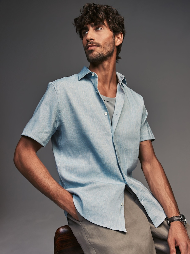 Blue Regular Fit Signature Linen Blend Short Sleeve Shirt - Image 1 of 8