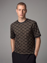 Black/Gold Geo Pattern Texture Relaxed T-Shirt - Image 1 of 7