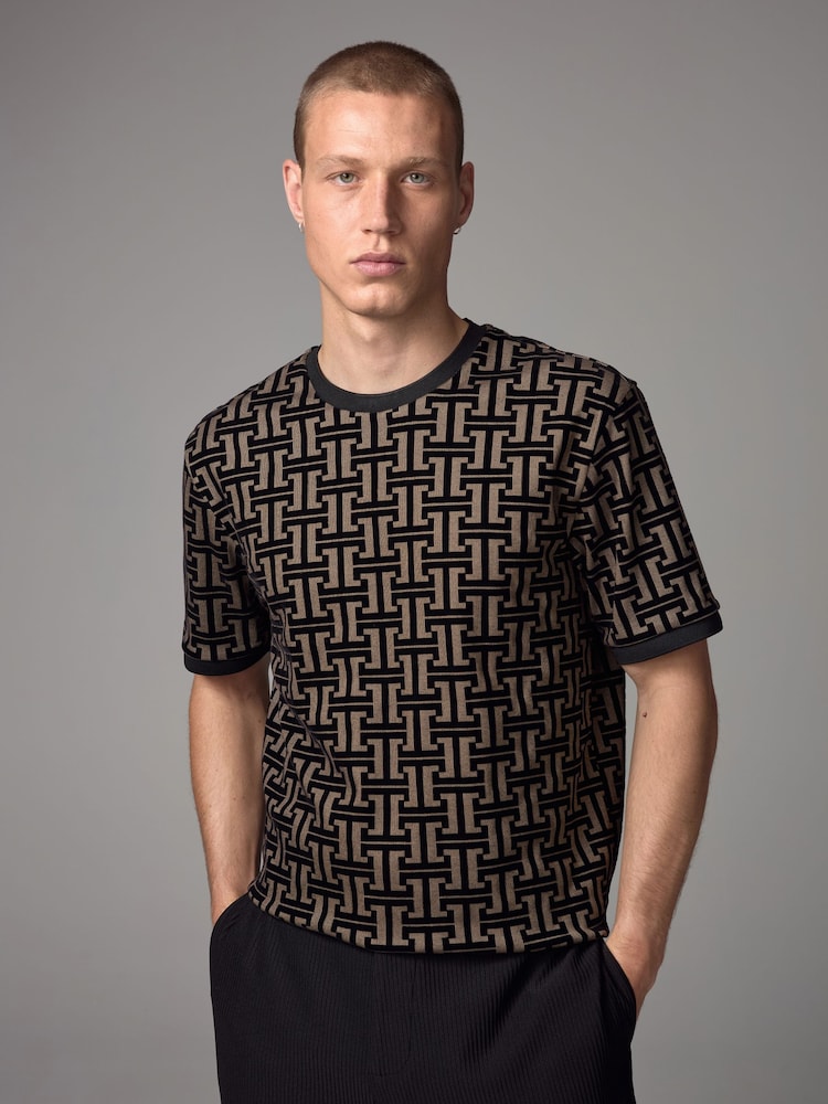 Black/Gold Geo Pattern Texture Relaxed T-Shirt - Image 1 of 7