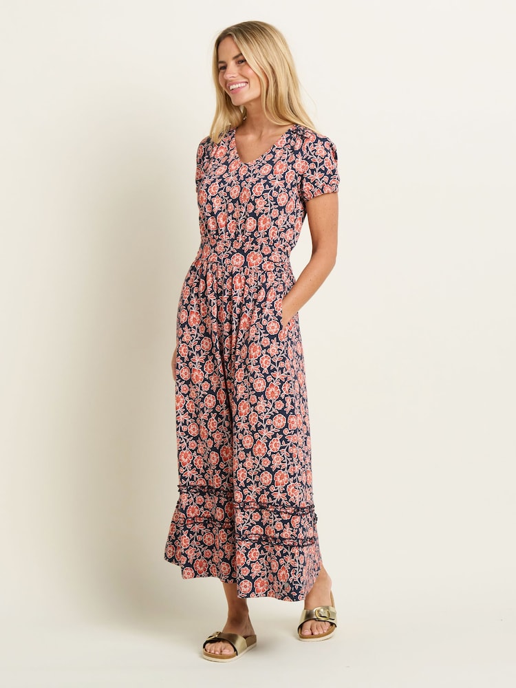 Brakeburn Red 100% Cotton Boho Floral Dress - Image 1 of 5