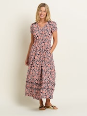 Brakeburn Red 100% Cotton Boho Floral Dress - Image 4 of 5