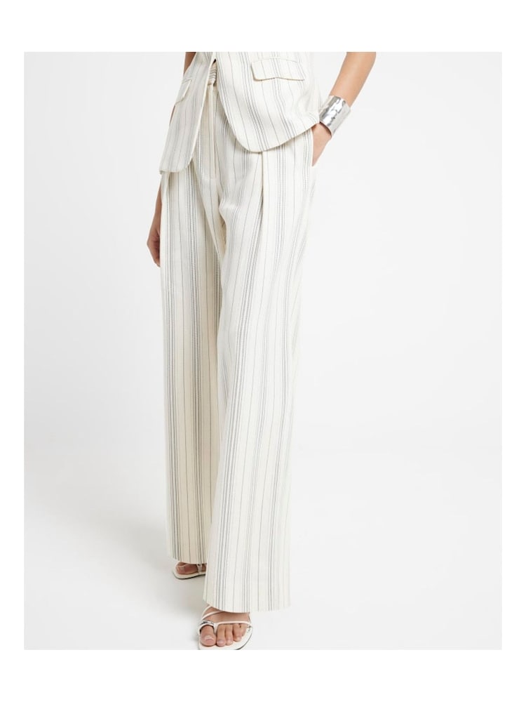 River Island Cream Stripe Wide Leg Pleated Trousers - Image 1 of 6