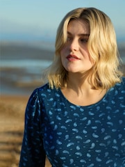 Live Unlimited Blue Curve Paisley Cotton Slub Tiered Midi Dress - Image 4 of 10