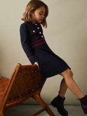 Reiss Navy Sapna 4-9 yrs Knitted Contrast Stitch Dress - Image 1 of 4