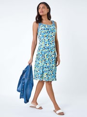 Roman Blue Sleeveless Contrast Floral Print Dress - Image 1 of 5