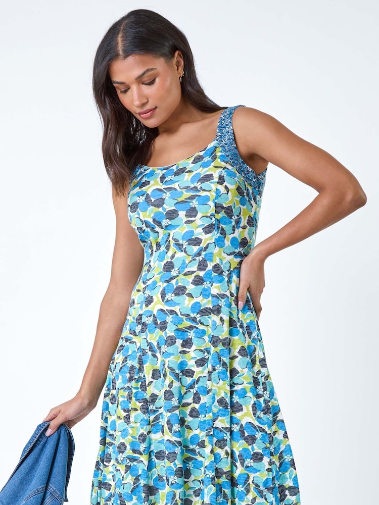 Roman Blue Sleeveless Contrast Floral Print Dress - Image 2 of 5