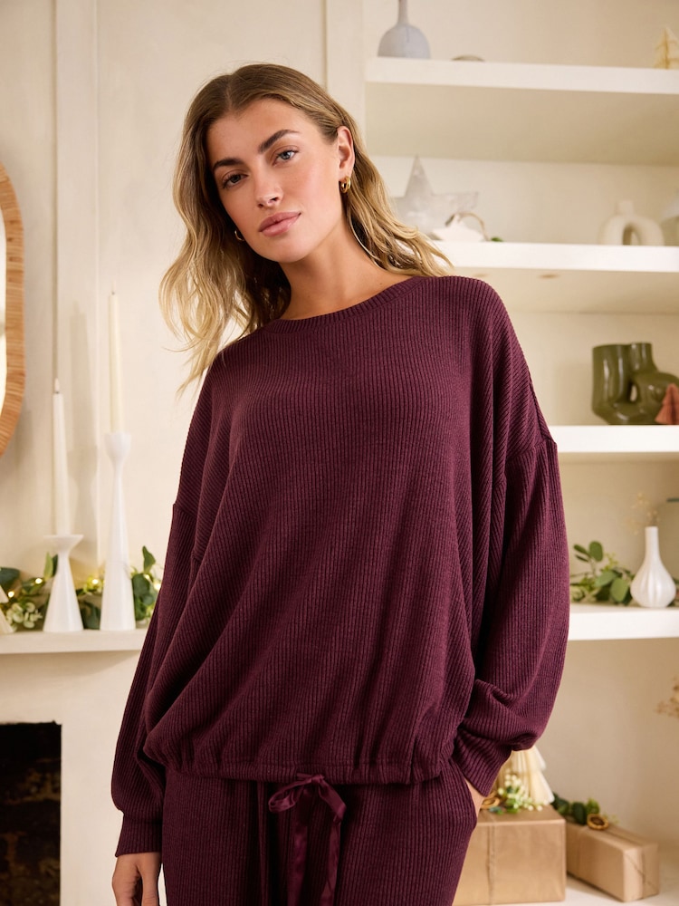 Berry Red Ribbed Knitlook Lounge Top - Image 1 of 5