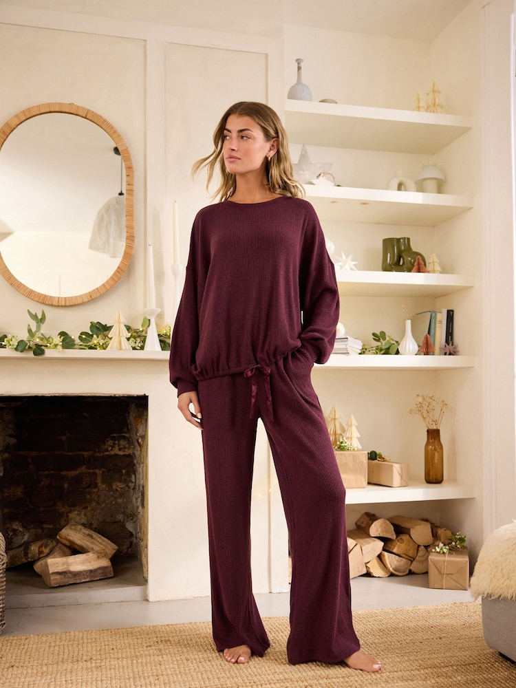 Berry Red Ribbed Knitlook Lounge Top - Image 2 of 5