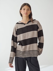 Multi Stripe Cosy Soft Touch Knitted Jumper Hoodie - Image 1 of 8
