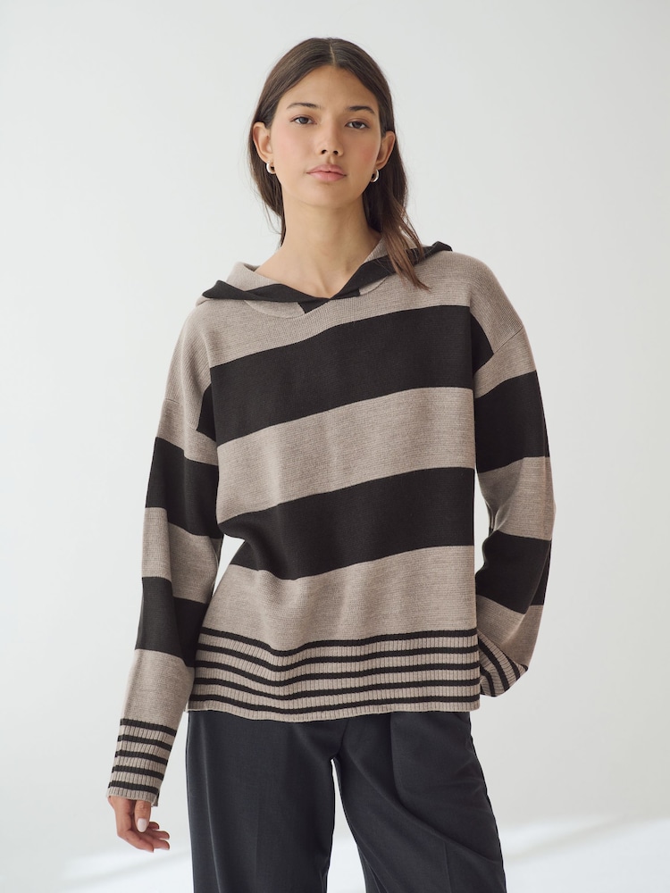 Multi Stripe Cosy Soft Touch Knitted Jumper Hoodie - Image 1 of 8