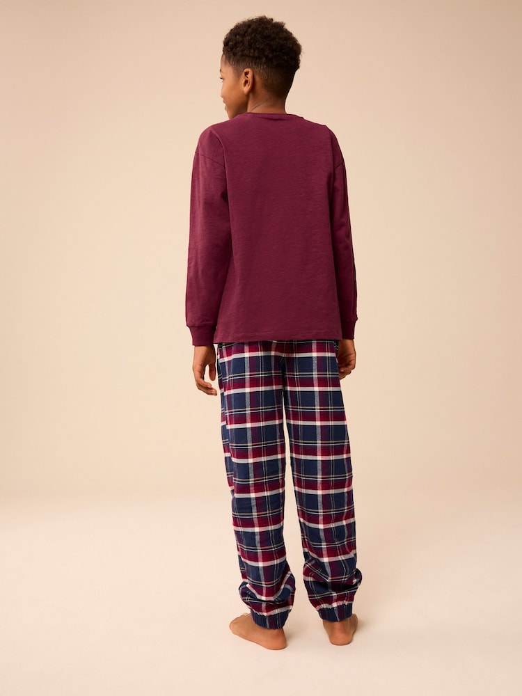 Navy Blue/Burgundy Red 2 Pack Long Sleeve Woven Check 100% Cotton Pyjamas (3-16yrs) - Image 3 of 11