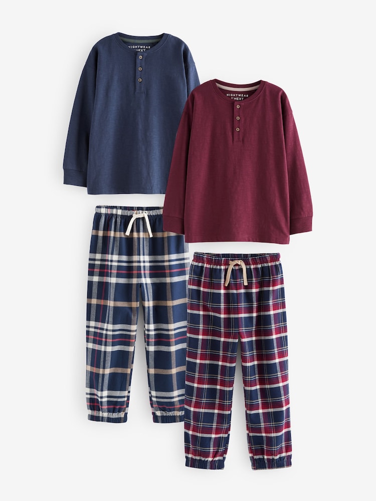 Navy Blue/Burgundy Red 2 Pack Long Sleeve Woven Check 100% Cotton Pyjamas (3-16yrs) - Image 5 of 11