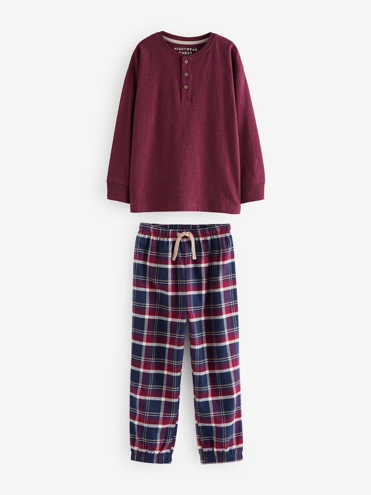 Navy Blue/Burgundy Red 2 Pack Long Sleeve Woven Check 100% Cotton Pyjamas (3-16yrs) - Image 6 of 11