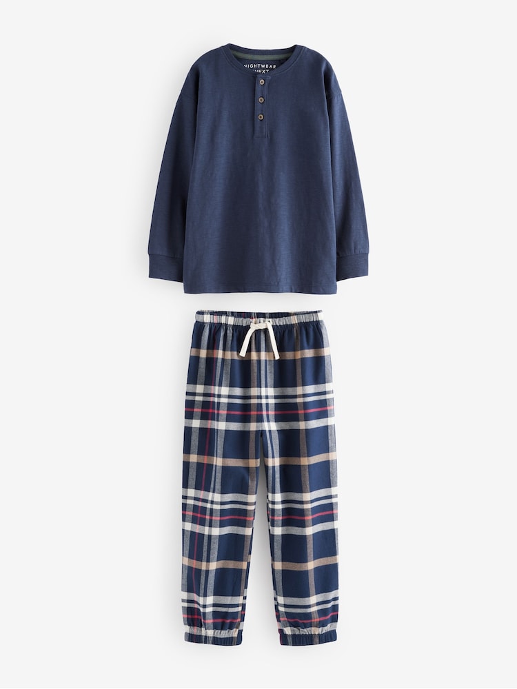 Navy Blue/Burgundy Red 2 Pack Long Sleeve Woven Check 100% Cotton Pyjamas (3-16yrs) - Image 8 of 11