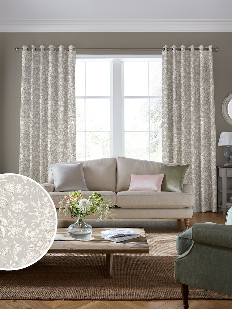 Laura Ashley Dove Grey Heledd Blooms Made to Measure 100% Cotton Curtains - Image 1 of 6