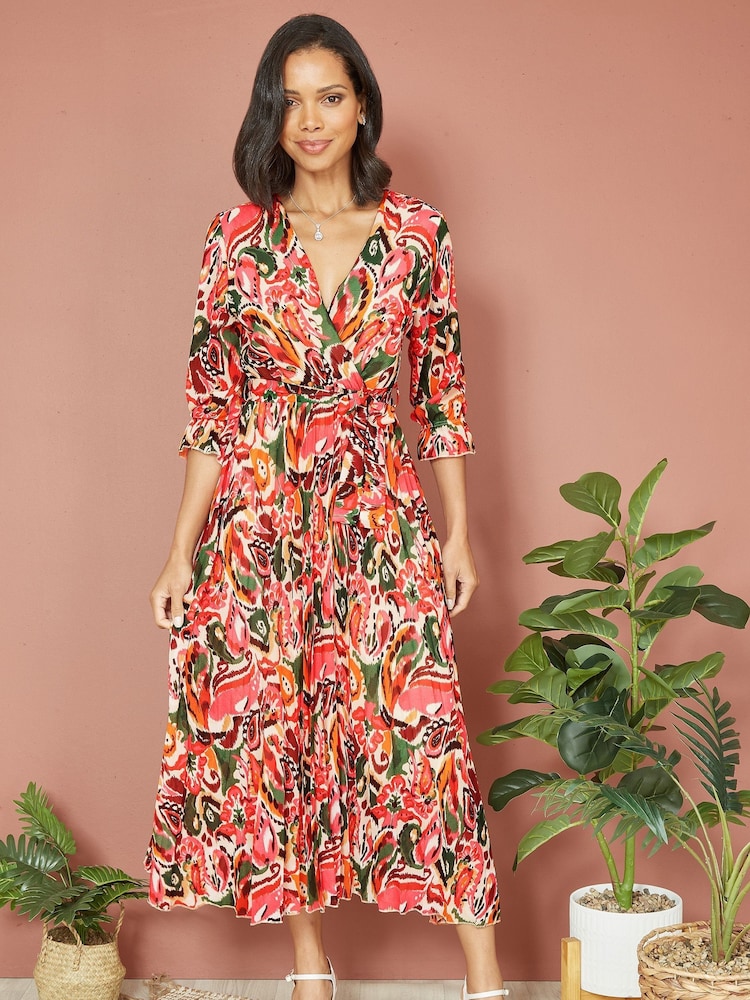 Yumi Pink Paisley Pleated Midi Dress With Pleats - Image 1 of 6 Yumi Pink Paisley Pleated Midi Dress With Pleats - Image 1 of 6