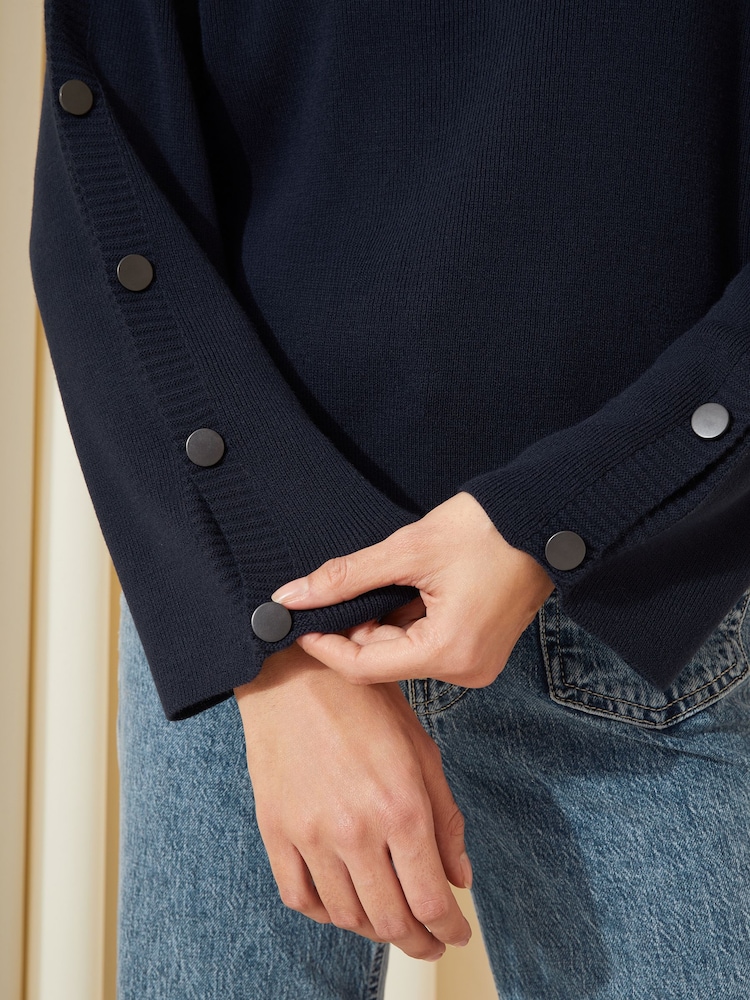 Friends Like These Navy Flute Sleeve Button Funnel Neck Knit Jumper - Image 2 of 4