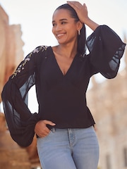 Sosandar Black Premium Embroidered Shoulder Shirred Bodice Top - Image 1 of 5
