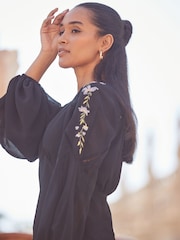 Sosandar Black Premium Embroidered Shoulder Shirred Bodice Top - Image 4 of 5