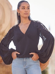 Sosandar Black Premium Embroidered Shoulder Shirred Bodice Top - Image 5 of 5
