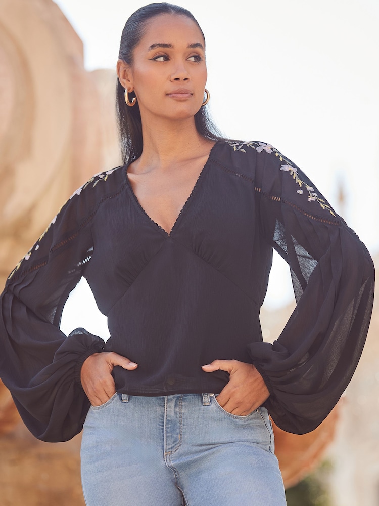 Sosandar Black Premium Embroidered Shoulder Shirred Bodice Top - Image 5 of 5