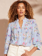 Love & Roses Blue Floral Embroidered V Neck 3/4 Sleeve Blouse - Image 1 of 3