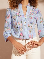 Love & Roses Blue Floral Embroidered V Neck 3/4 Sleeve Blouse - Image 2 of 3
