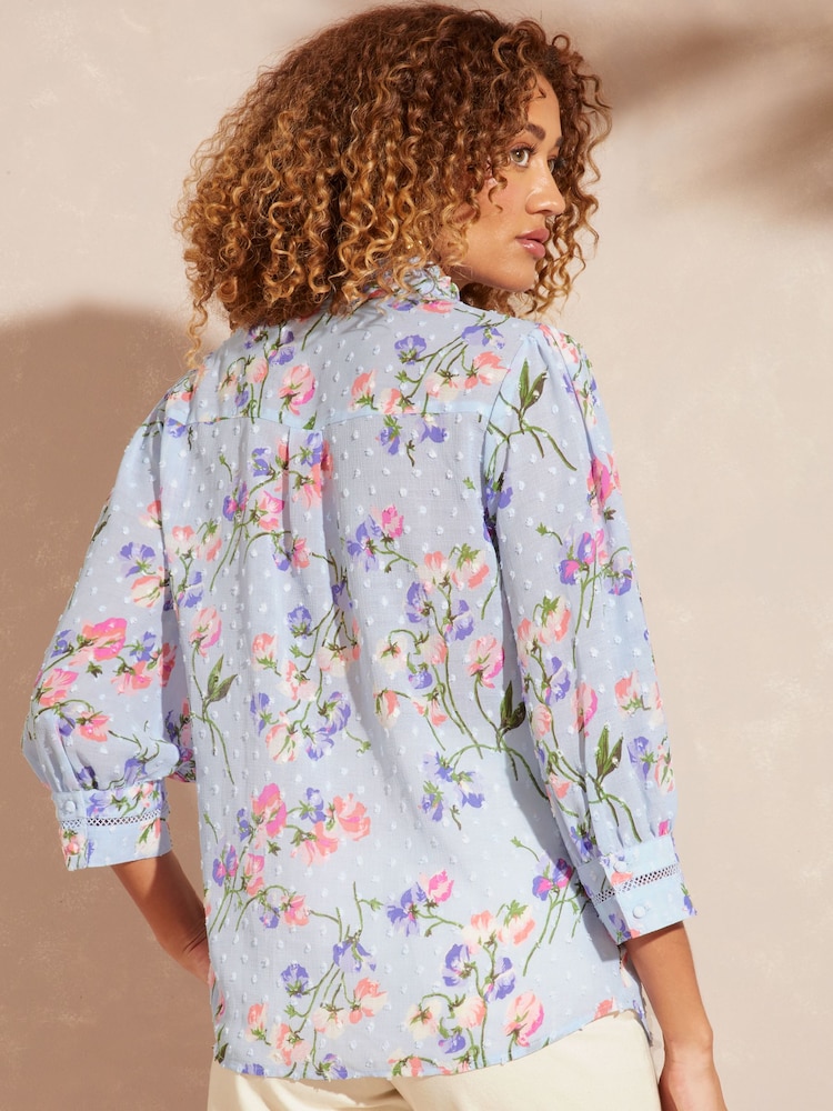 Love & Roses Blue Floral Embroidered V Neck 3/4 Sleeve Blouse - Image 3 of 3