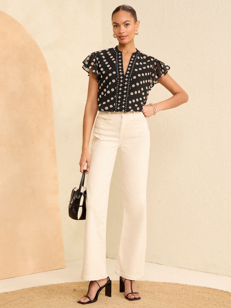 Love & Roses Black Polka Dot V Neck Flutter Sleeve Blouse - Image 4 of 4 Love & Roses Black Polka Dot V Neck Flutter Sleeve Blouse - Image 4 of 4