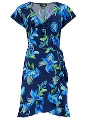 Pour Moi Navy Blue Frill Wrap Woven Beach Dress - Image 3 of 4