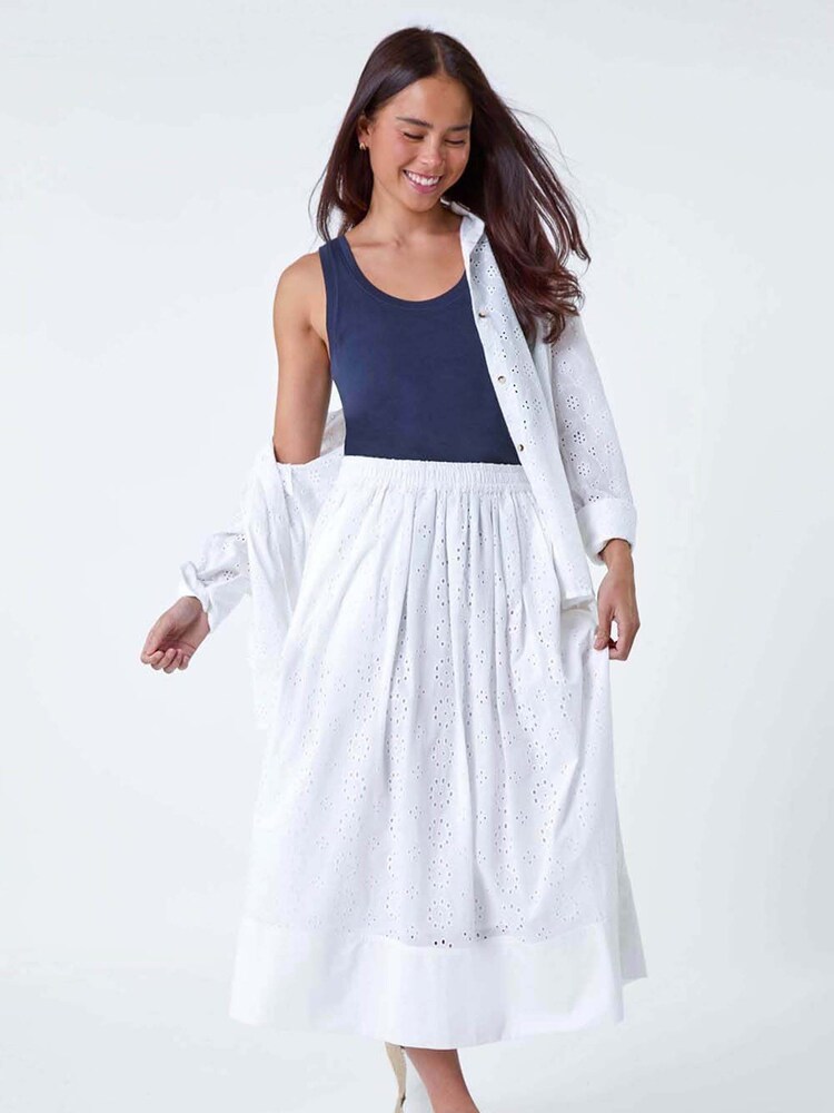 Roman White 100% Cotton Broderie Midi Skirt - Image 1 of 5