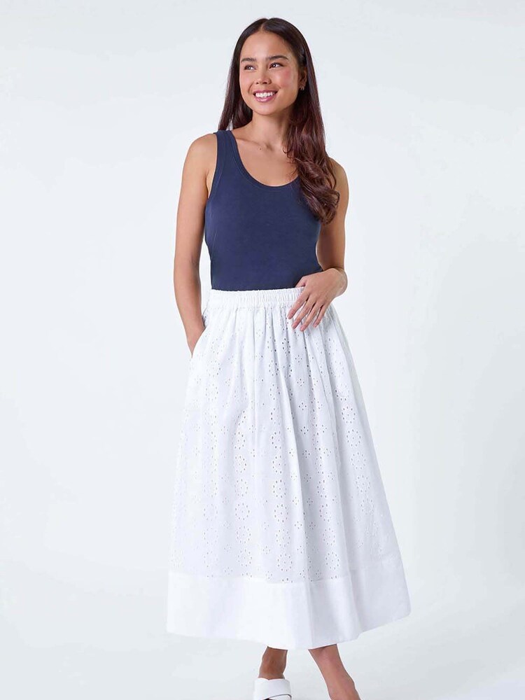Roman White 100% Cotton Broderie Midi Skirt - Image 2 of 5